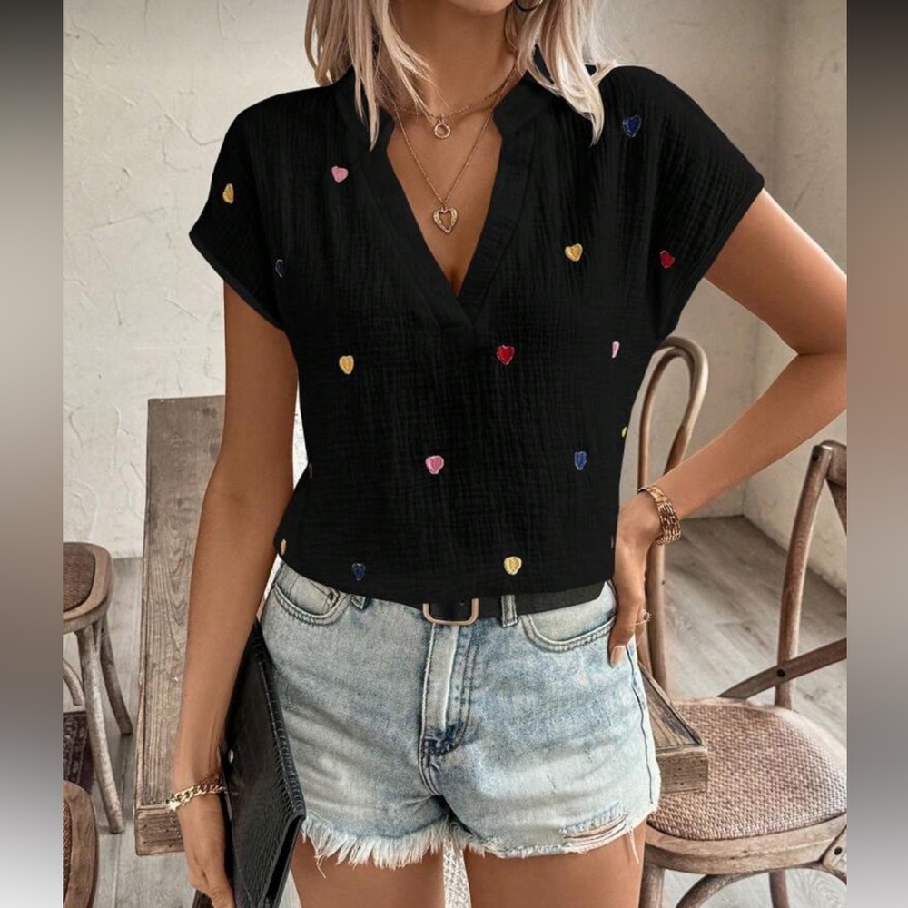 Cotton Heart Embroidered V-Neck Top Blouse Shirt Black